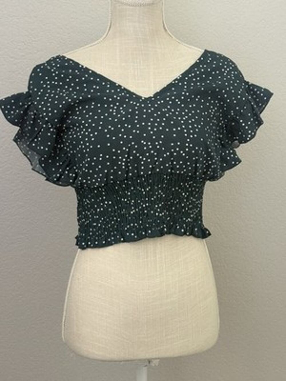 Shein Womens Top Polka Dot Ruffle Smocked Green Tie Cottage Festival US 8 / 10